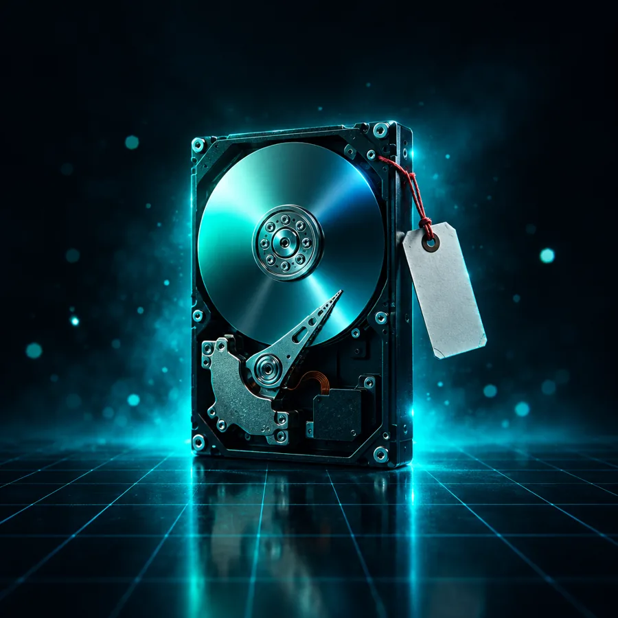 A seized hard drive with a chain-of-custody tag.