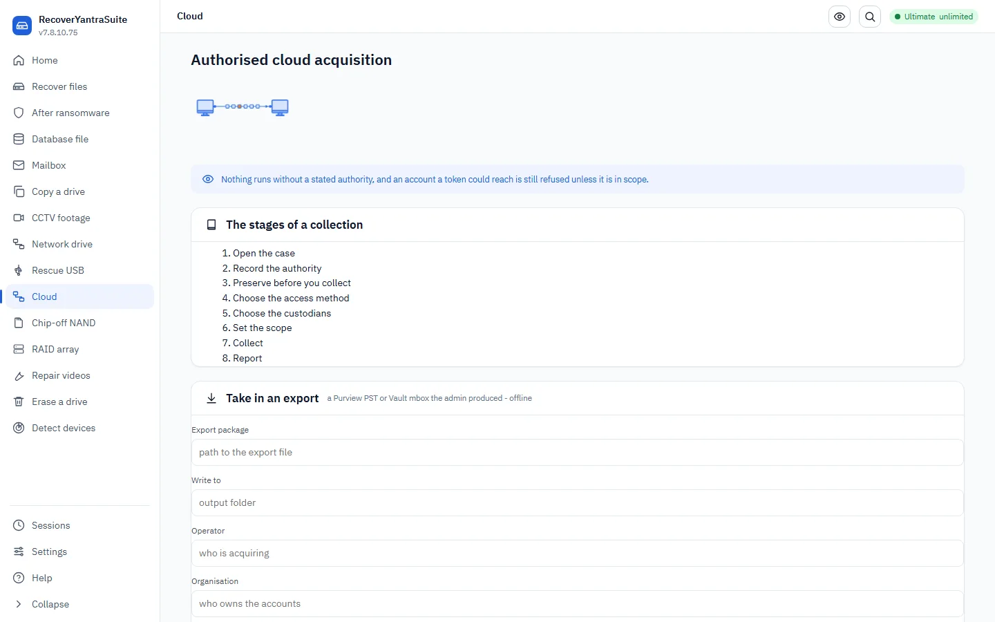 The cloud workspace &mdash; point it at an export file and an output folder.