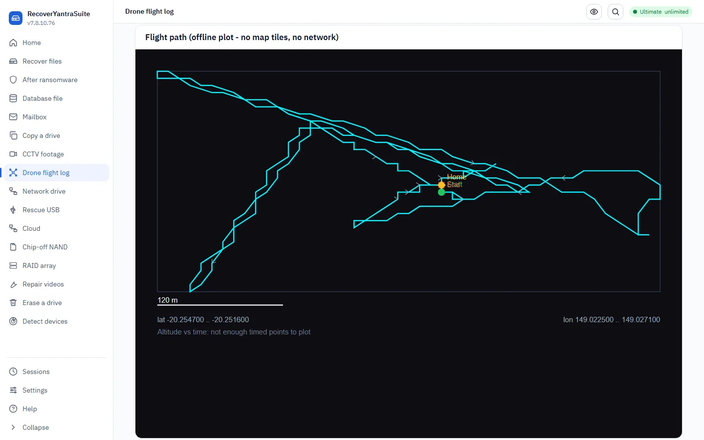 The flight path, plotted offline from the GPS track &mdash; no network call.