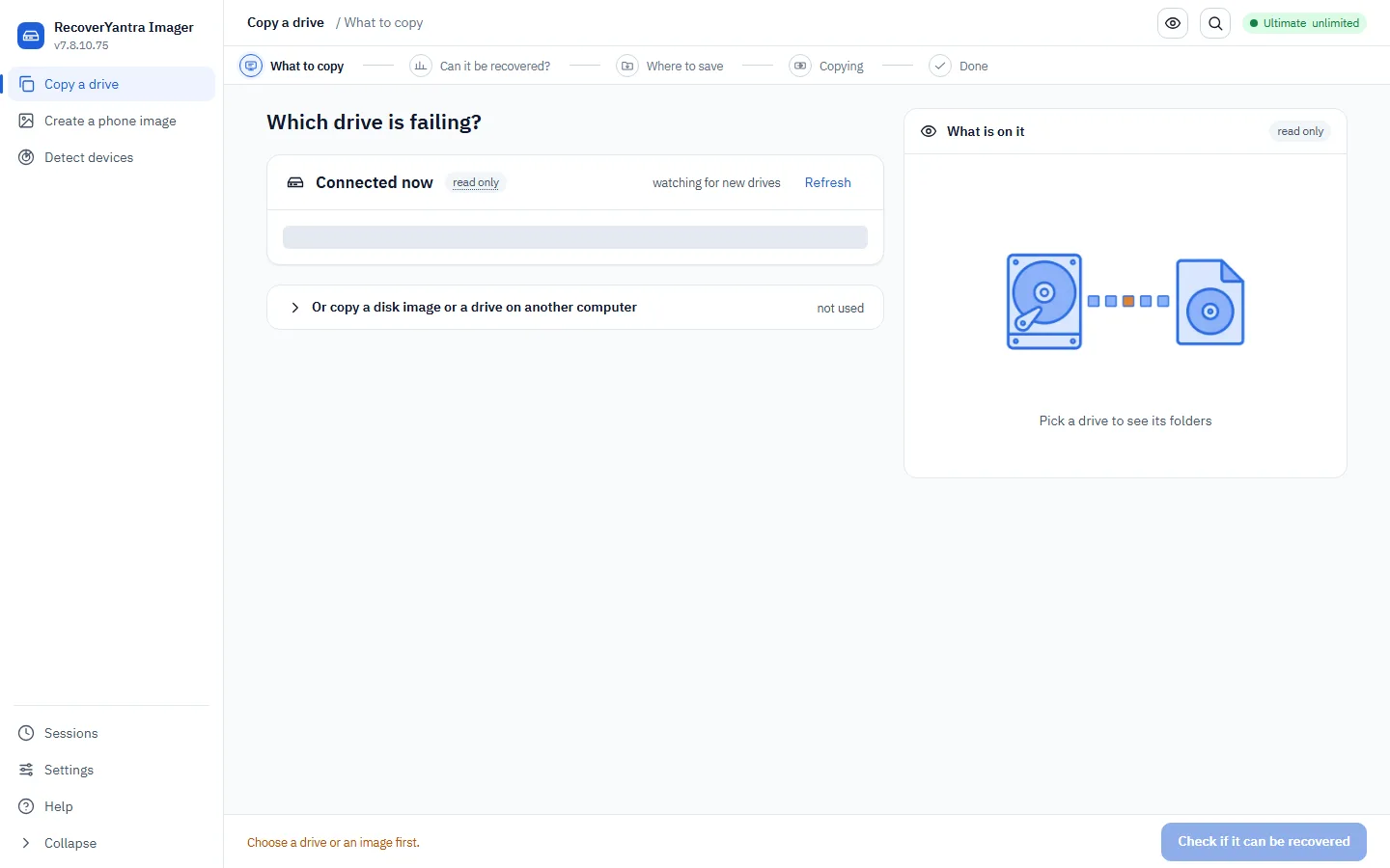RecoverYantra Imager opens straight on imaging &mdash; and is free.