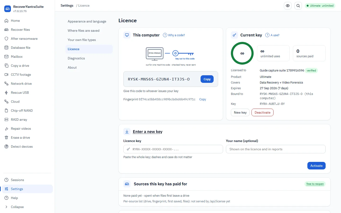 The licence page &mdash; machine code, key history, and what a 'use' means.