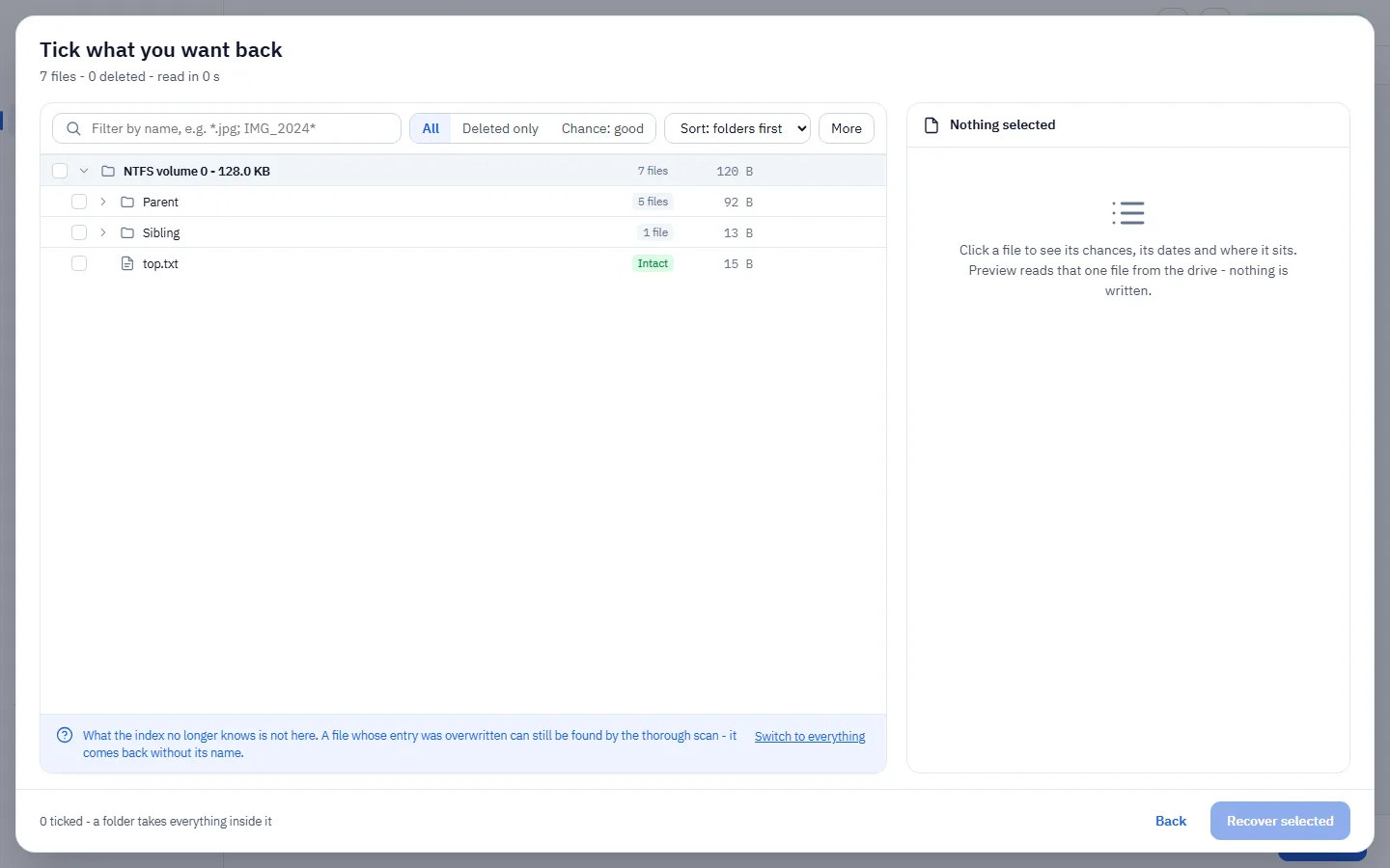 The drive&rsquo;s folder tree: tick boxes, deleted marks, and a recovery-chance column.