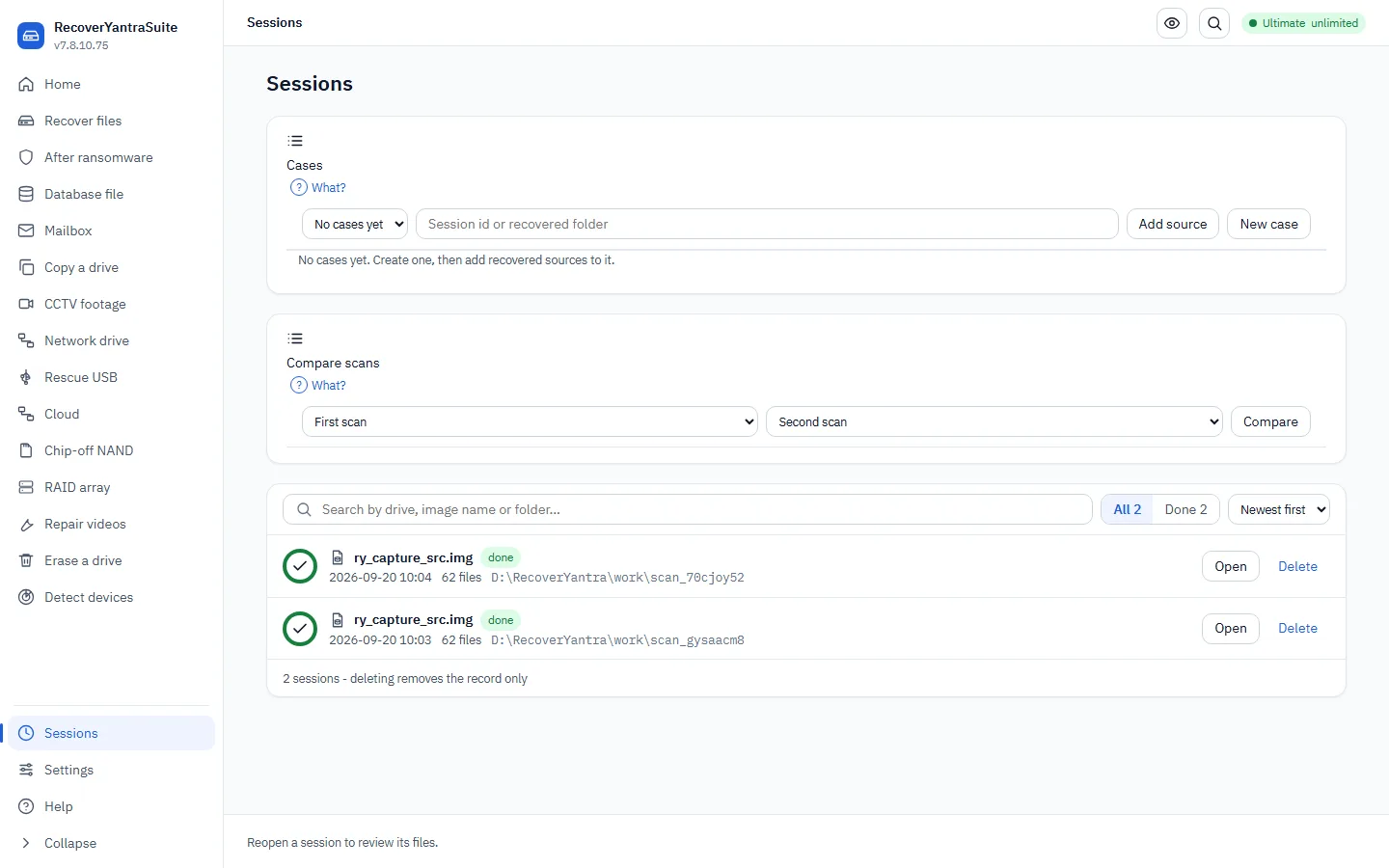 Saved and resumable scans, and the compare picker.