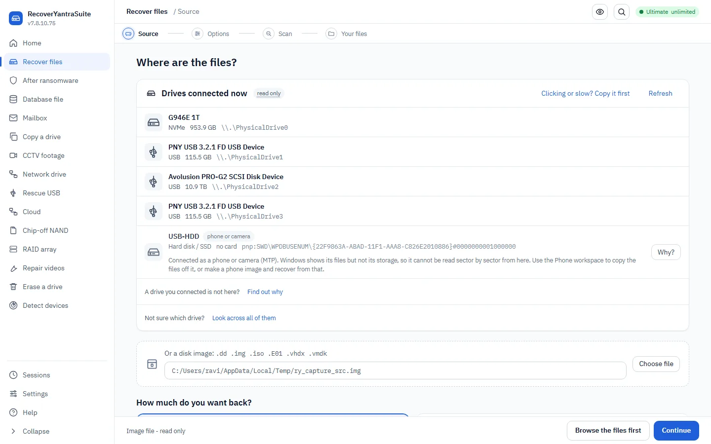 Step 1 &mdash; choose the source. Failing drives are steered to Copy first.