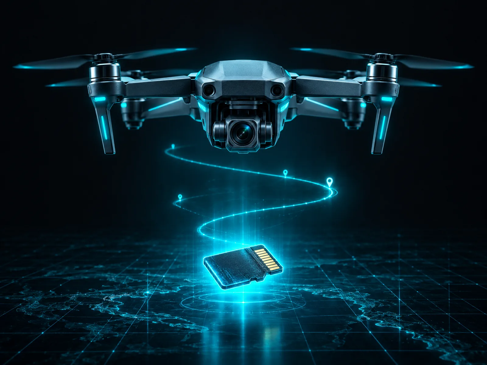 A camera drone hovering above a microSD card