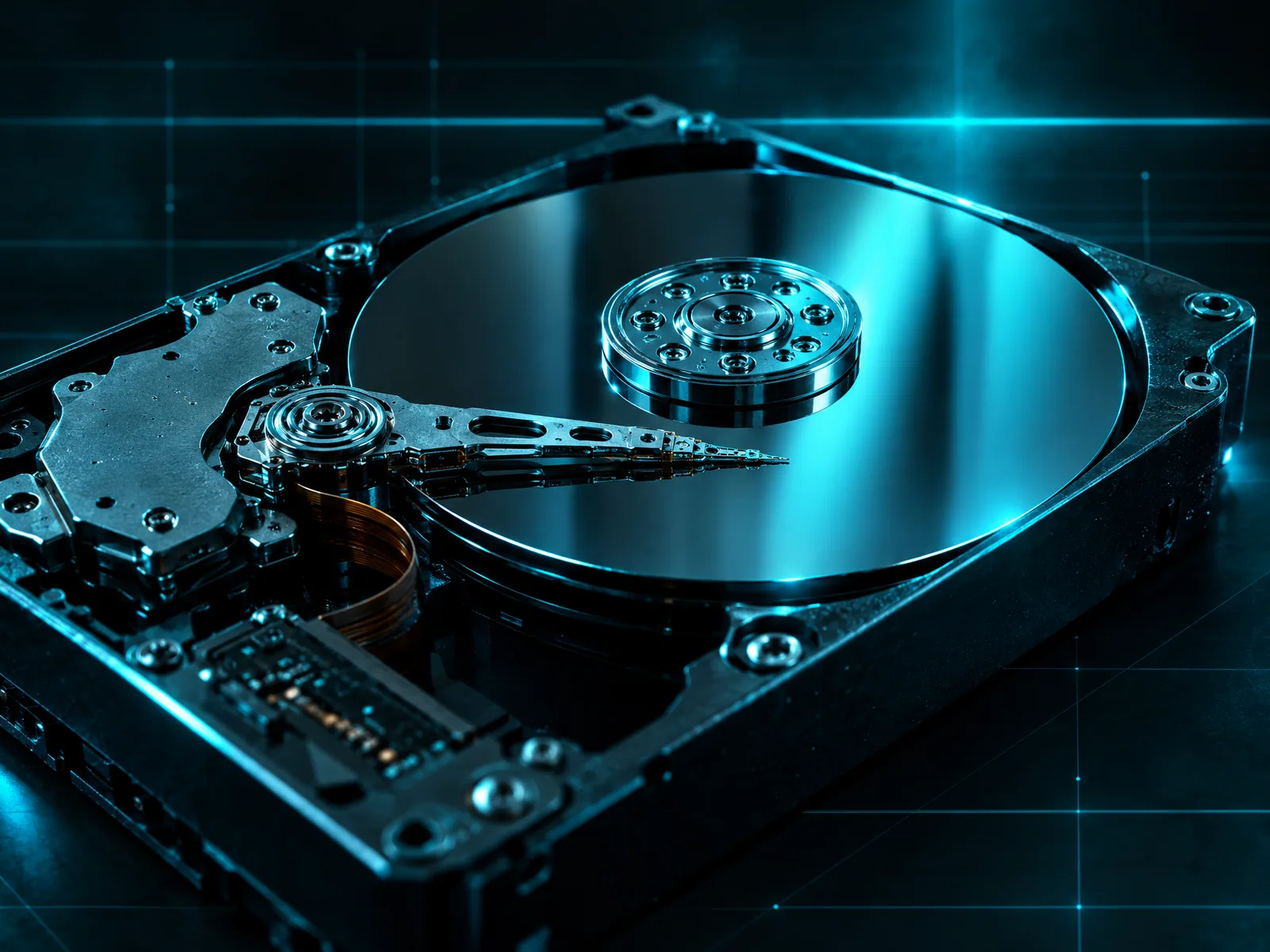 An opened hard drive with its platter exposed