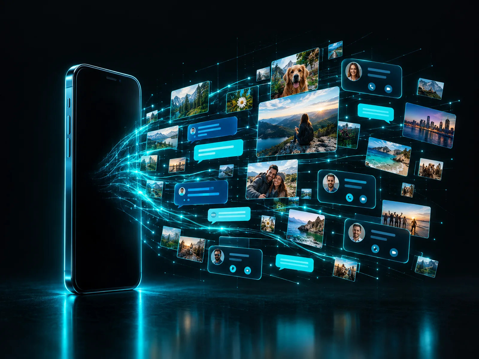 A smartphone with data streaming out of it