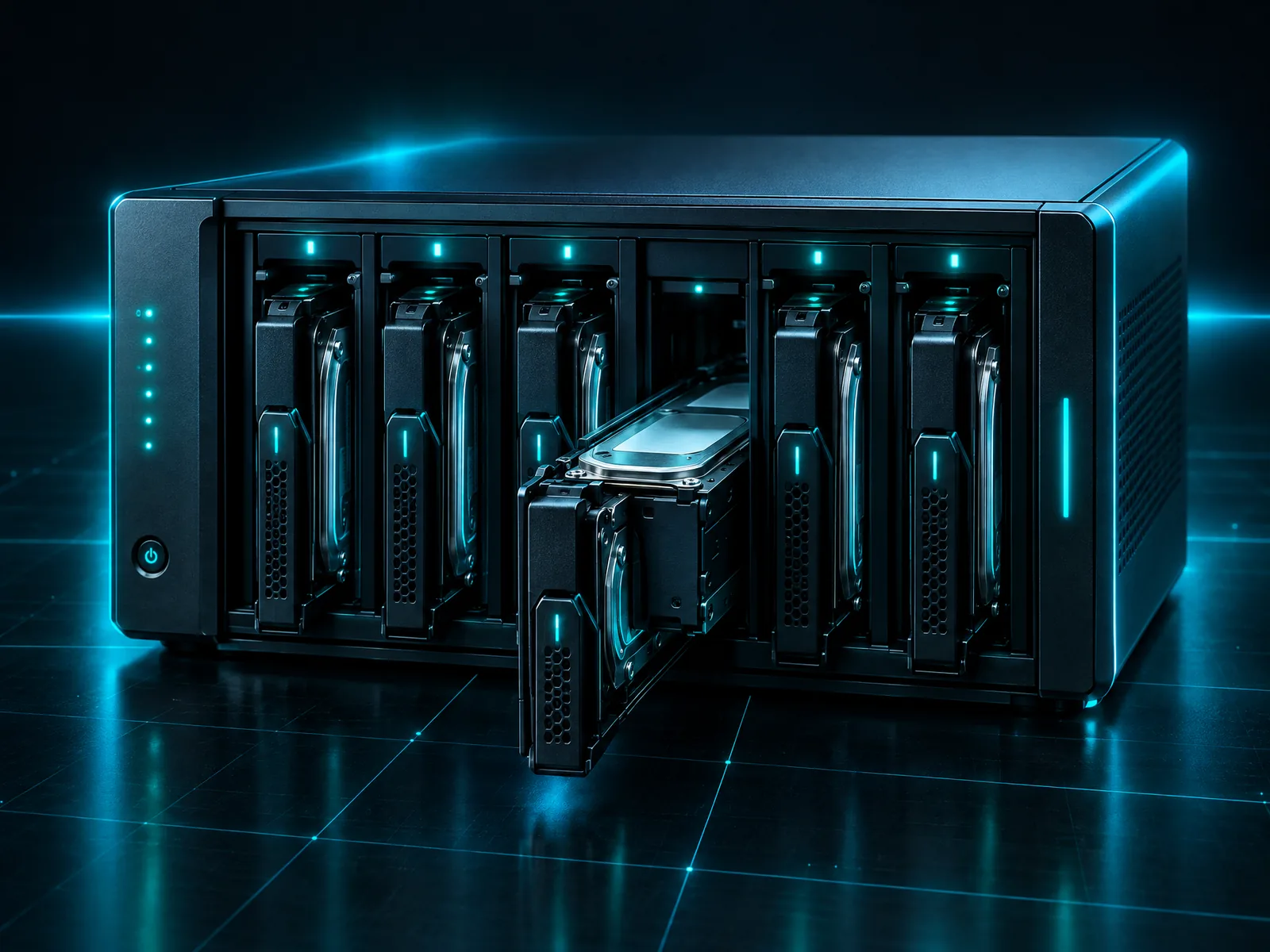 A multi-bay NAS enclosure with drive trays
