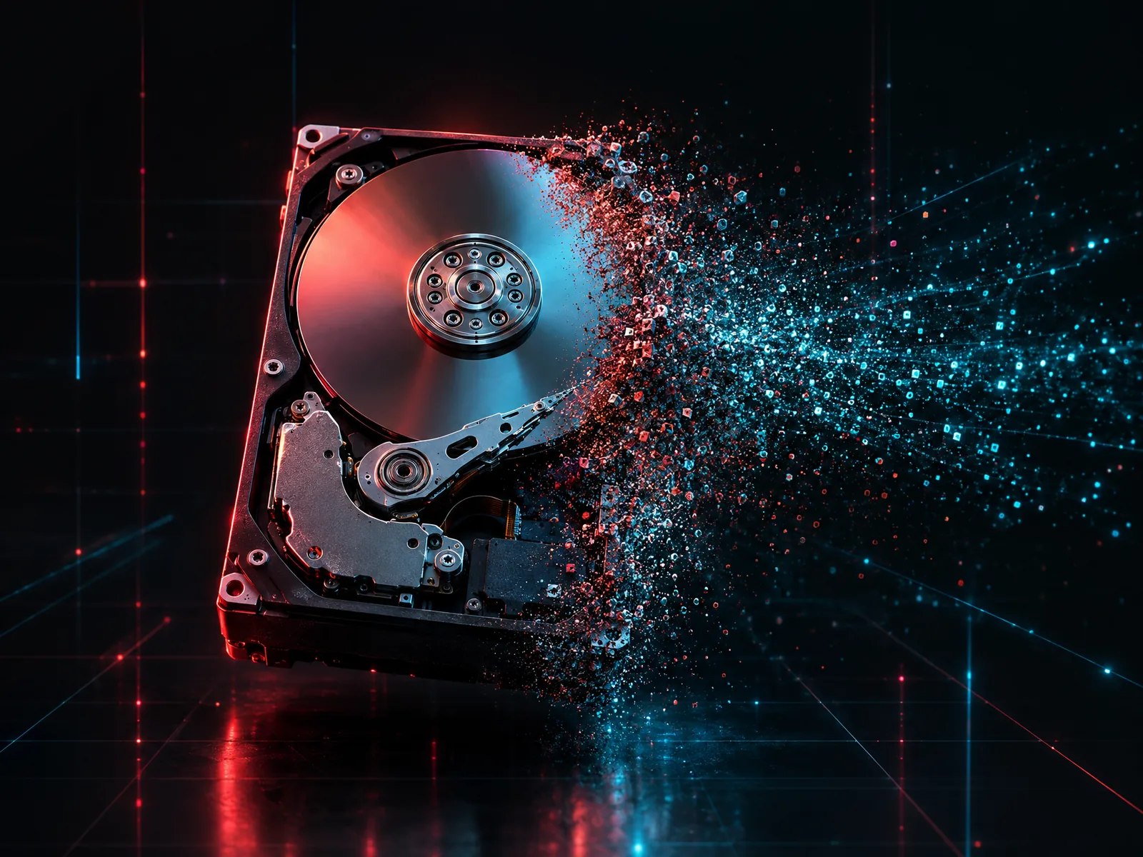 A hard drive dissolving into particles