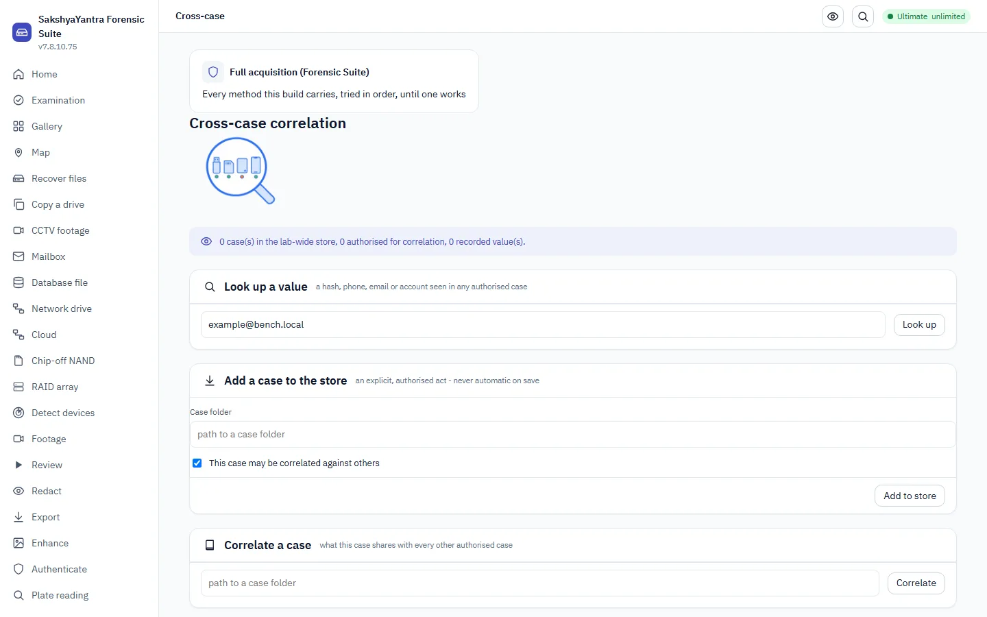 A cross-case selector lookup and its result panel