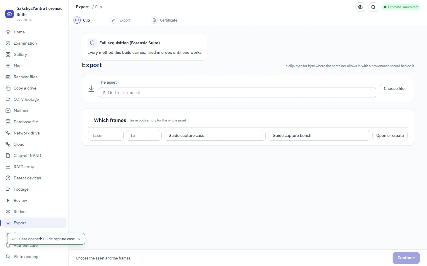 The export and Section 63(4) certificate builder with a case open
