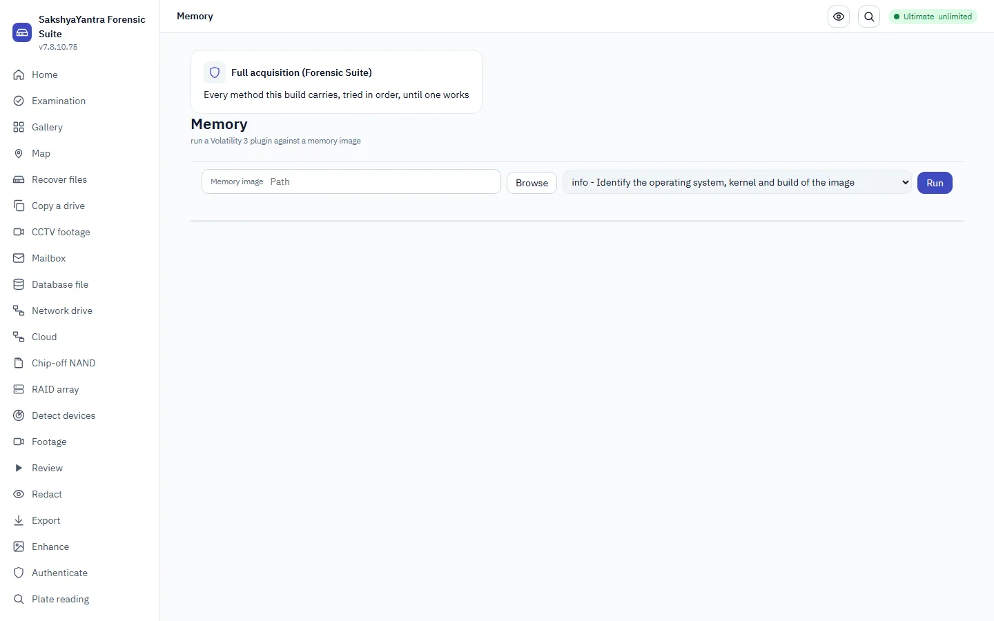 The memory workspace: the Volatility 3 plugin picker