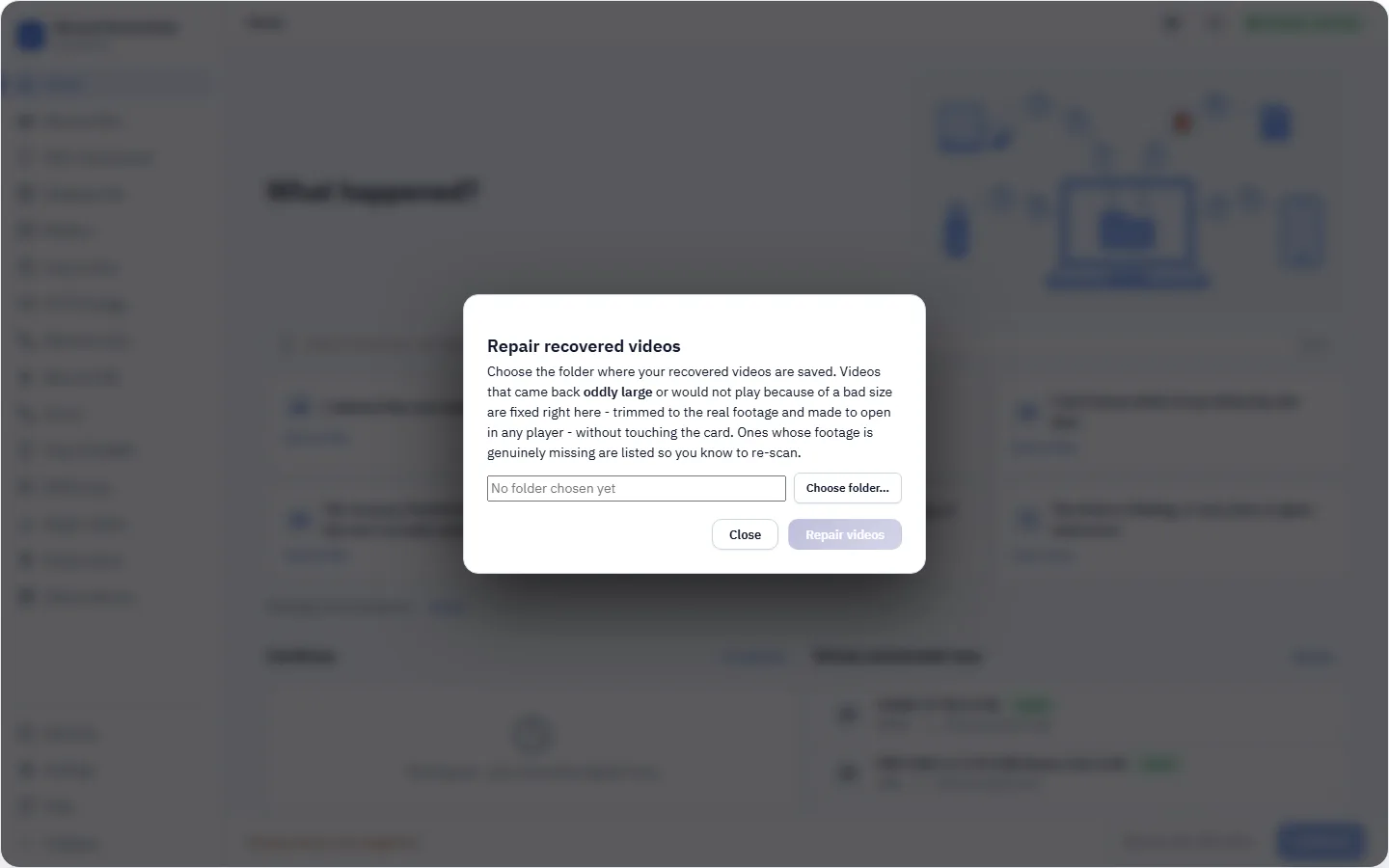 Repair a recovered video - the “Repair recovered videos” dialog