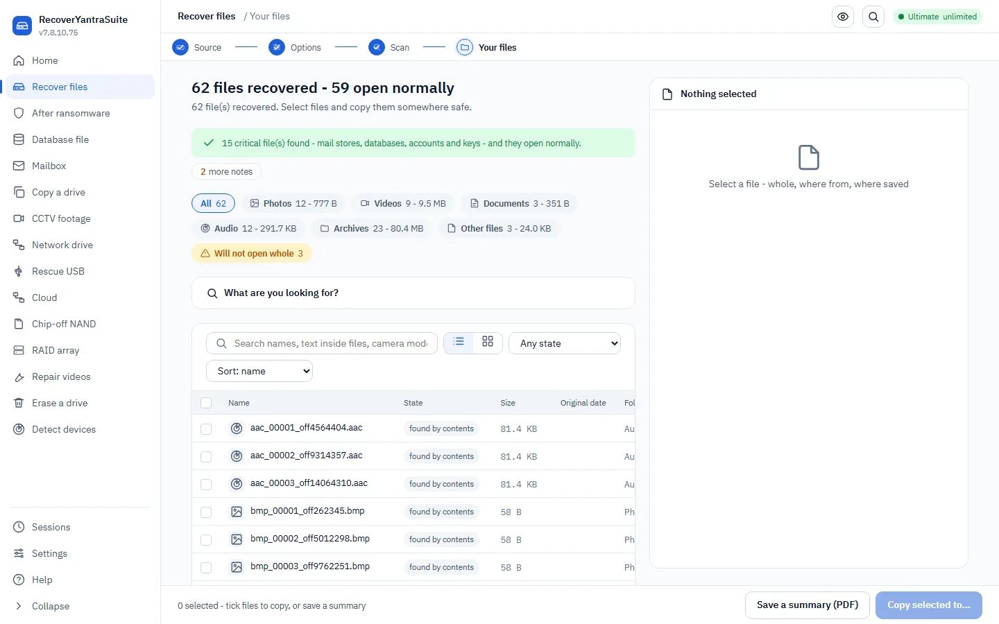 Step 4 - your files: filter, preview, then save to a safe location