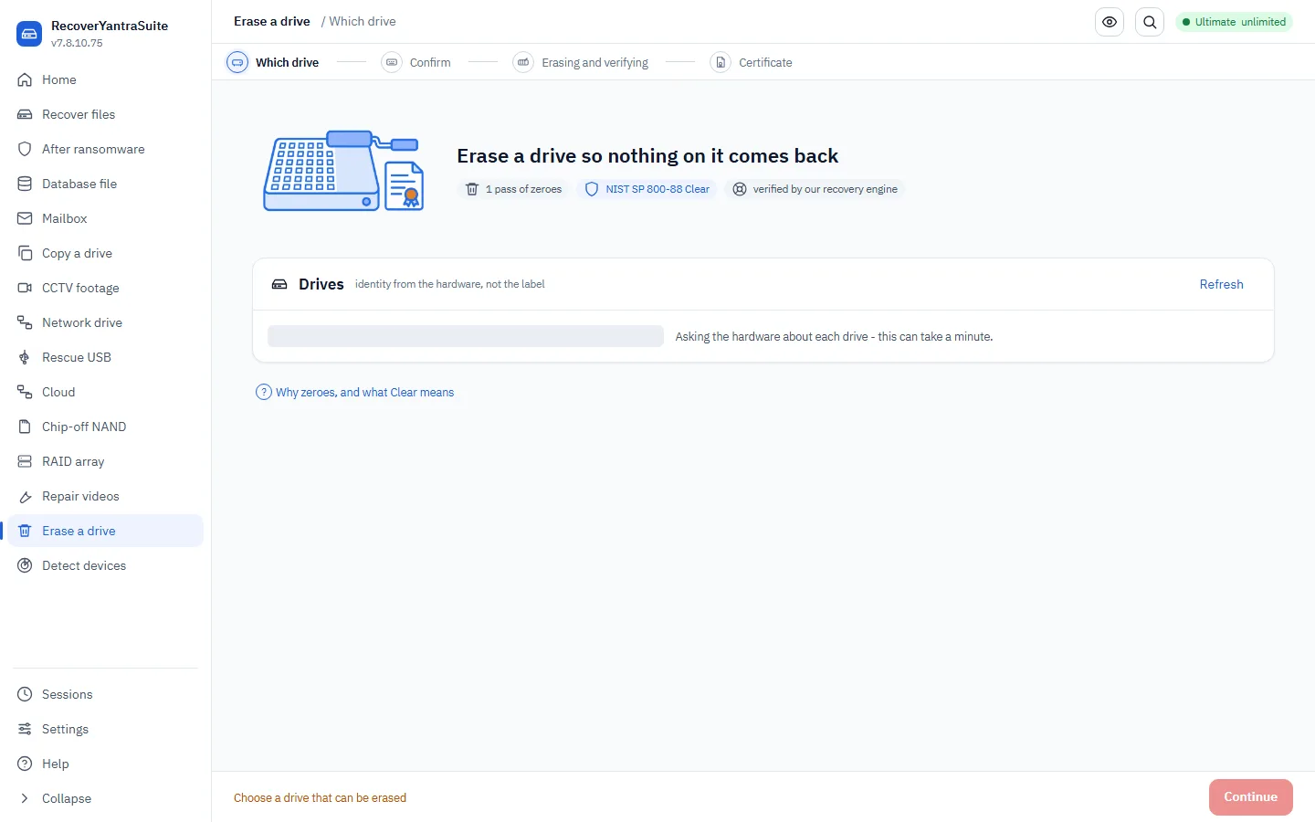 Erase asks for the drive and says plainly that there is no undo.